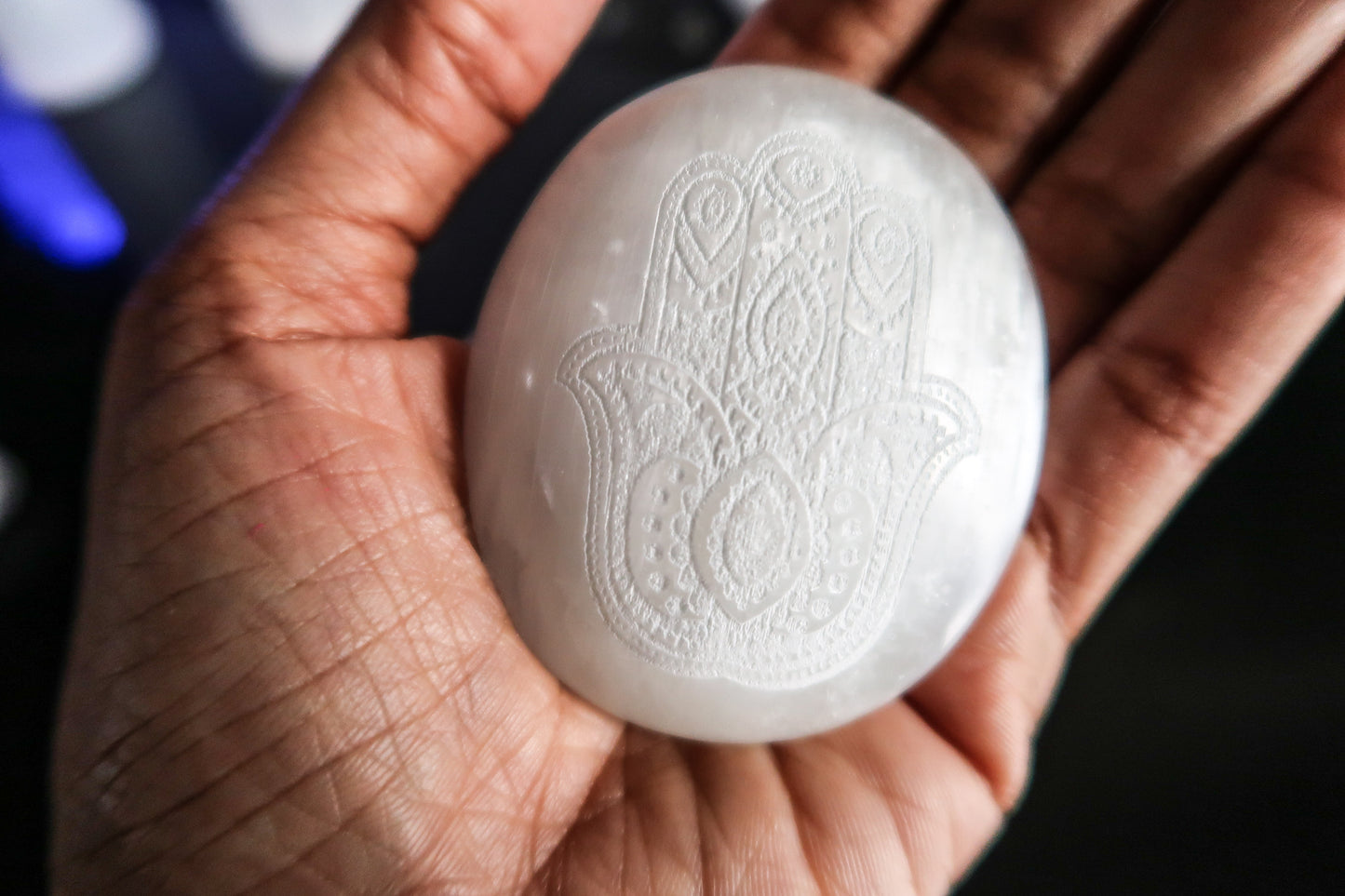 Hamsa Etched Selenite Palm Stone