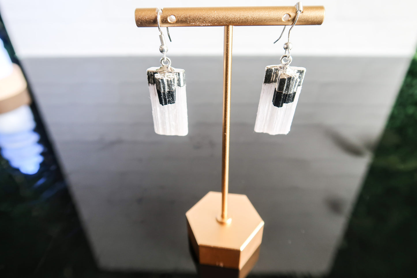 Selenite with Black Tourmaline Crystal Earrings, Silver