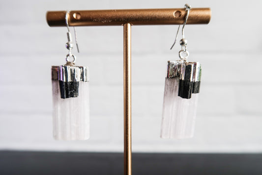 Selenite with Black Tourmaline Crystal Earrings, Silver