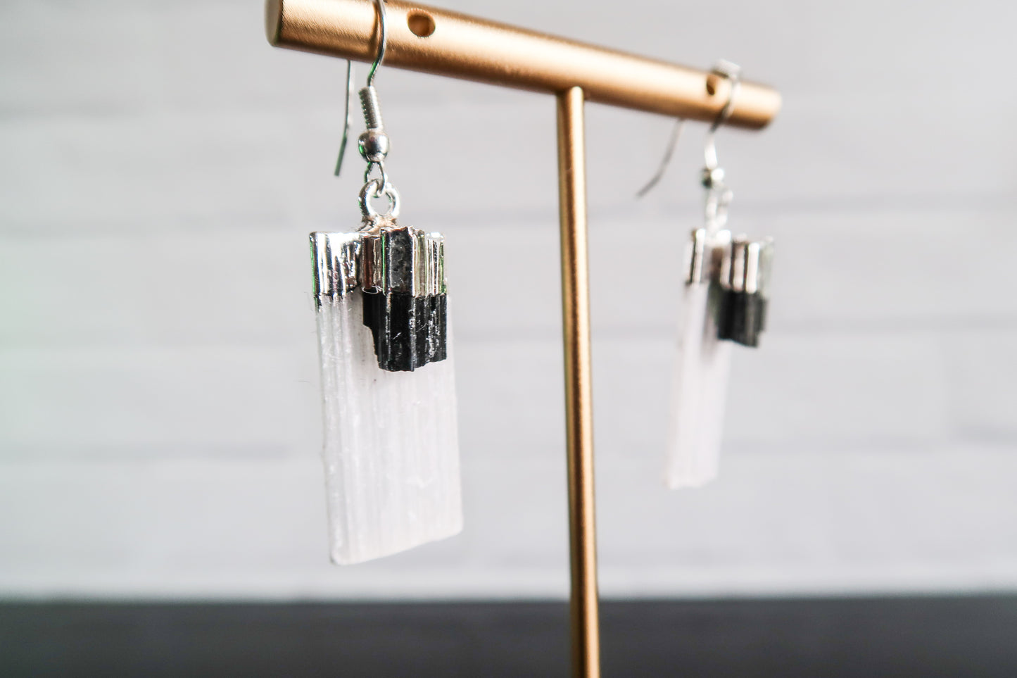 Selenite with Black Tourmaline Crystal Earrings, Silver