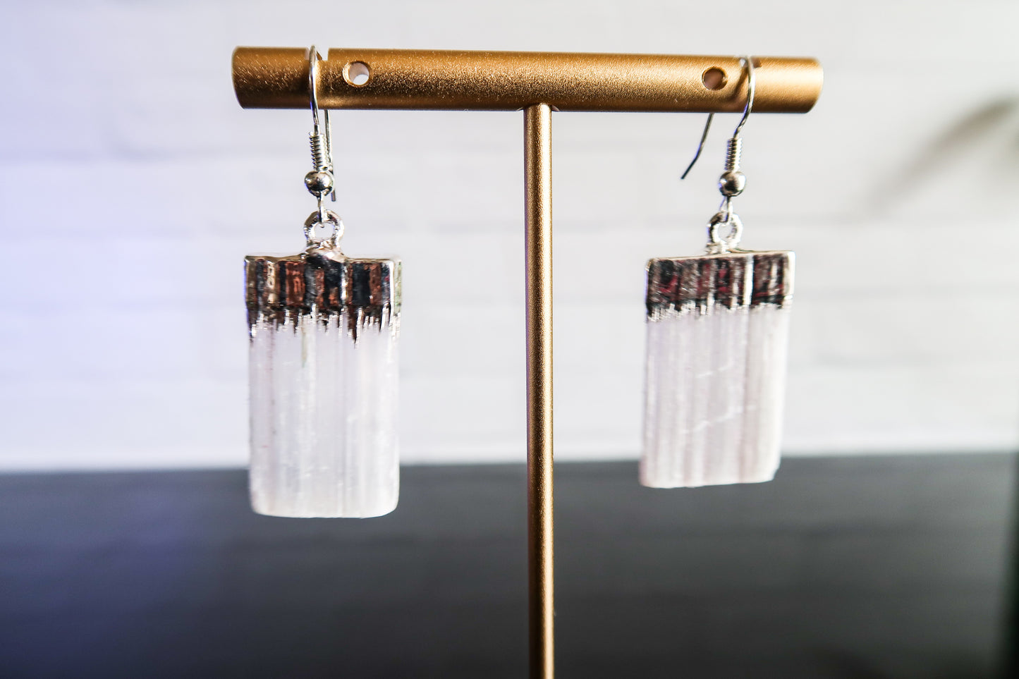 Selenite Crystal Earrings, Silver