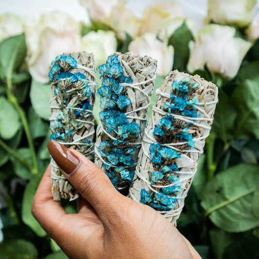 White Sage Stick w/Blue Sinuata Flowers