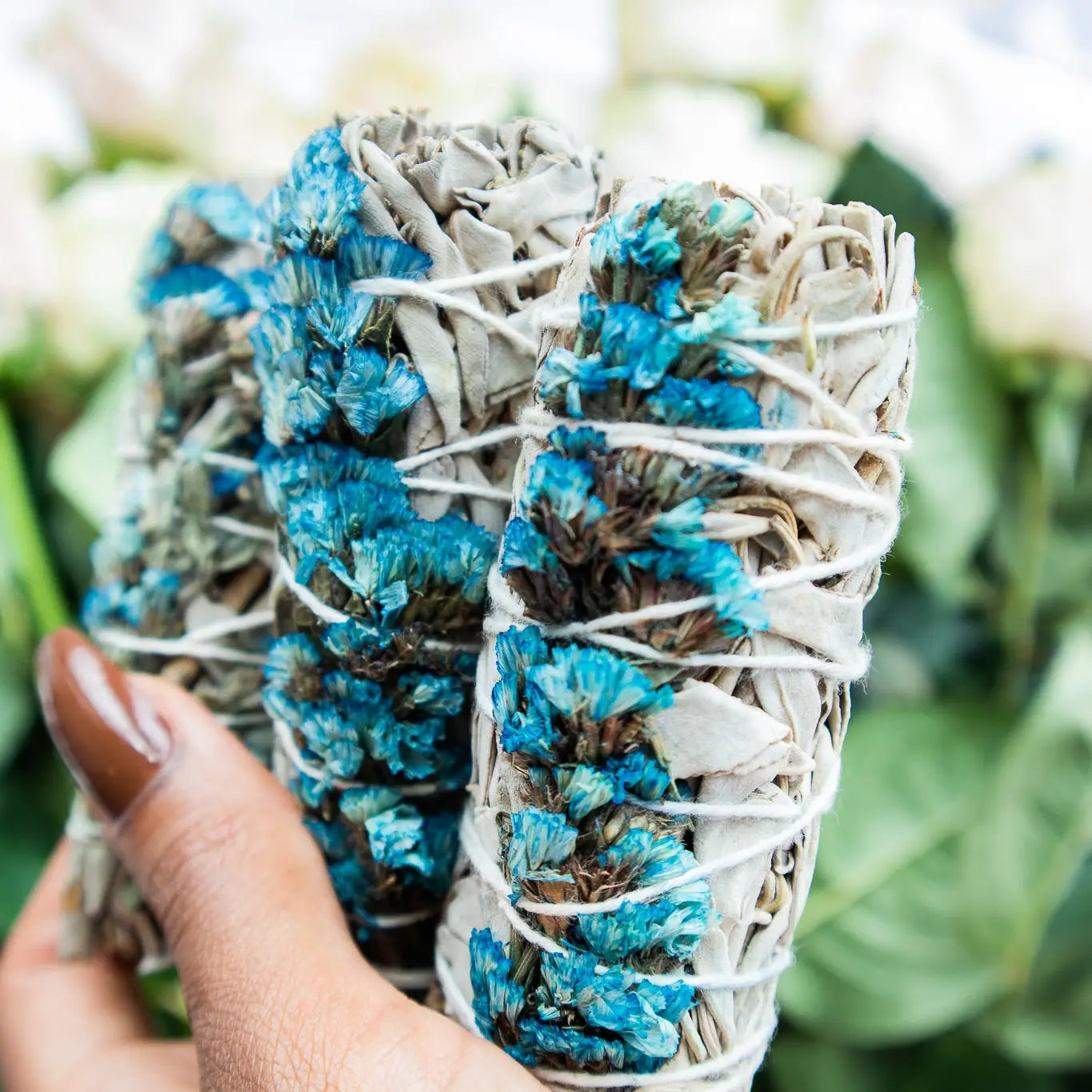 White Sage Stick w/Blue Sinuata Flowers